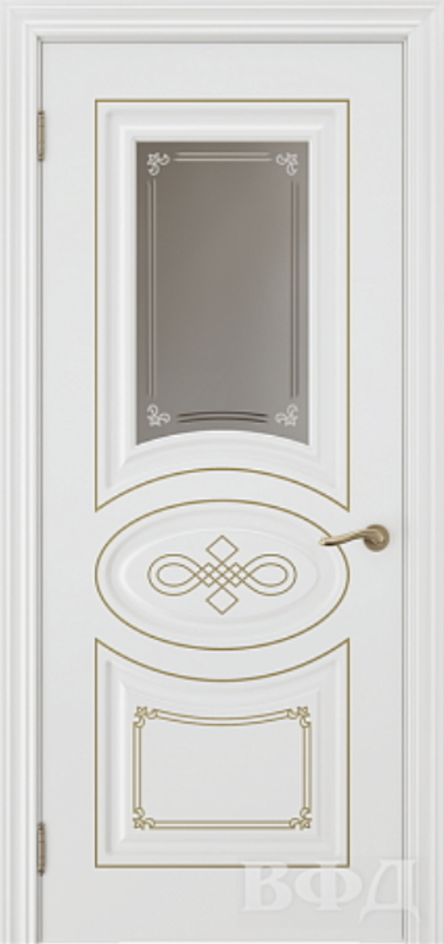 Межкомнатные двери ВФД "БЬЯНКА" 49ДО0, белая эмаль/патина золото/Стекло сатинат